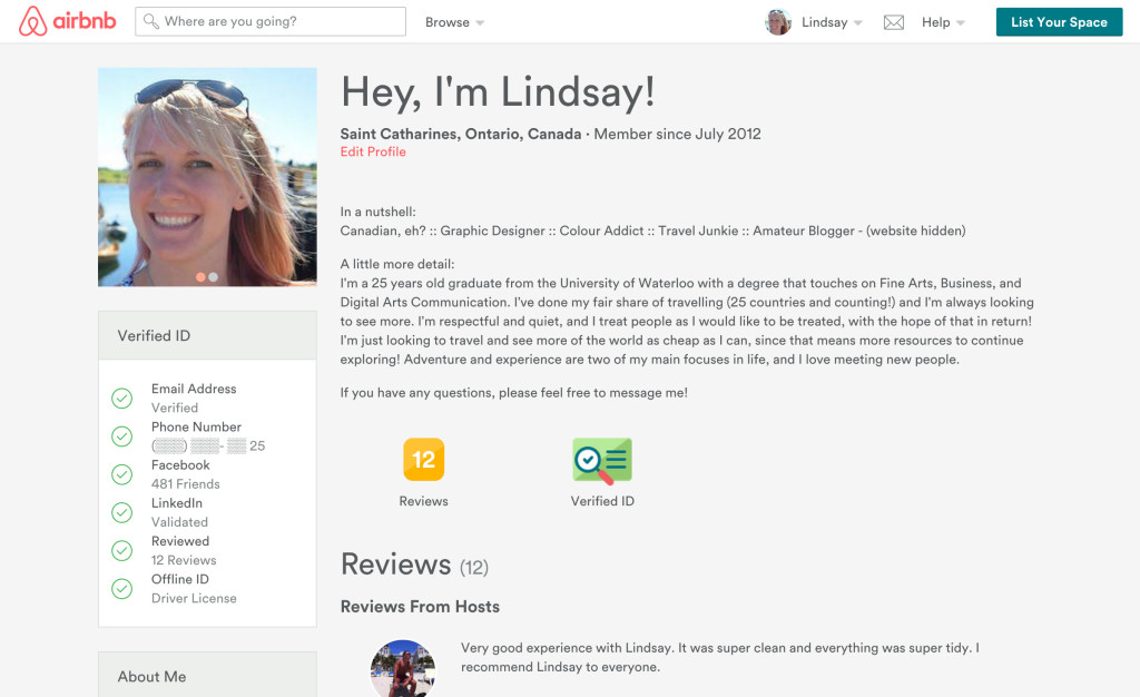 To show you an example, here's my profile on Airbnb.