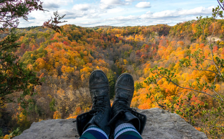 Lindsay's Boots with Autumn Colours of Dundas Peak Behind Them :: I've Been Bit! Travel Blog