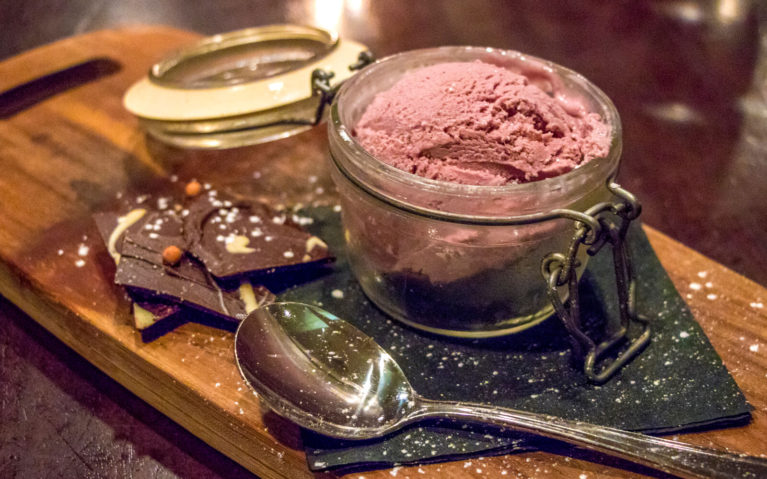 Wild Blueberry Ice Cream Served in Small Mason Jar with Latch Lid and Chocolate Pieces :: I've Been Bit! Travel Blog