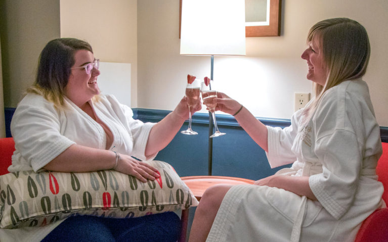 Olivia and I Cheers-ing As We Enjoy the Room's Plush Robes During Our Portland Girls Getaway! :: I've Been Bit! Travel Blog