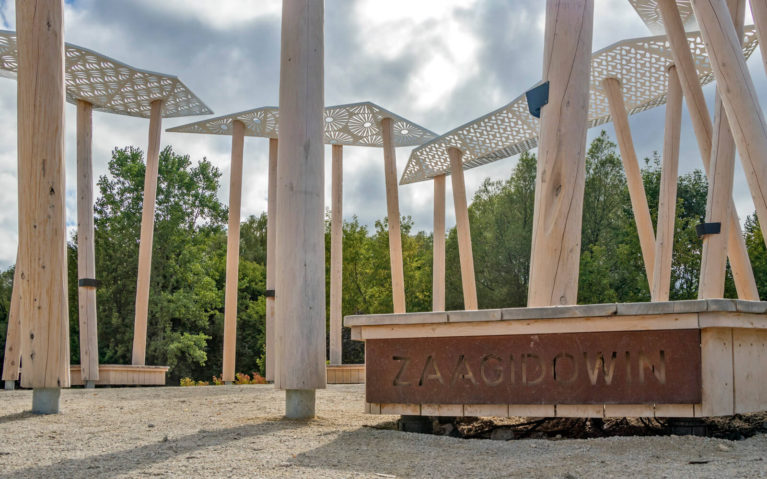 Close up of 'Zaagidowin' meaning Love at the Awen' Gathering Place :: I've Been Bit! Travel Blog