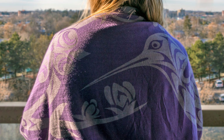 Lindsay Sporting Her Purple Hummingbird Shawl from Native Northwest - Always Makes a Great Canadian Gift :: I've Been Bit! Travel Blog