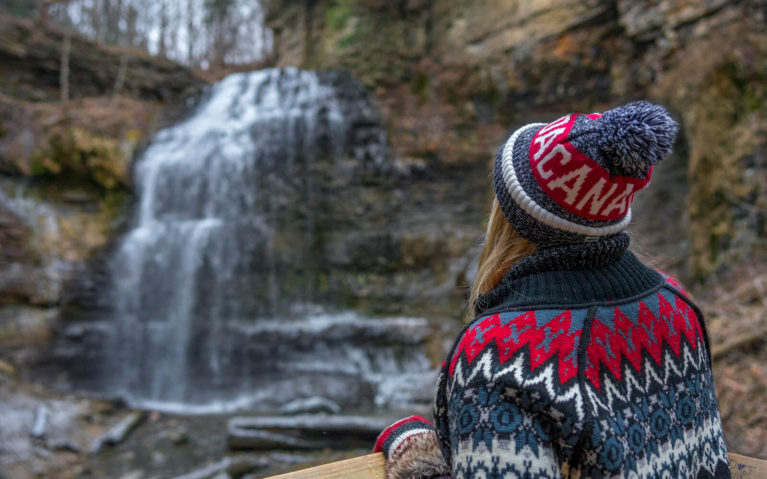 Lindsay Wearing a Canada Toque Staring at a Waterfall :: I've Been Bit! Travel Blog