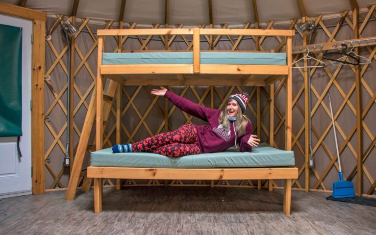 Lindsay Laying on Bunk Bed in Yurt at Killarney Provincial Park :: I've Been Bit! Travel Blog