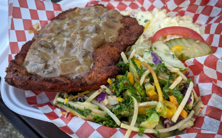 Schnitzel Dinner with Mushroom Sauce, Potato Salad and Coleslaw from Berlin 95 Food Truck in Kitchener :: I've Been Bit! Travel Blog