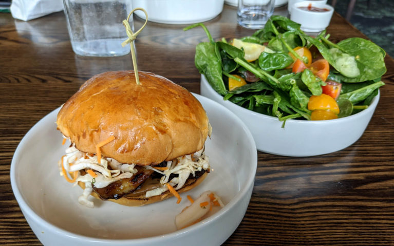 Pulled Pork on a Bun with Coleslaw and a Side Salad in White Round Bowls :: I've Been Bit! Travel Blog