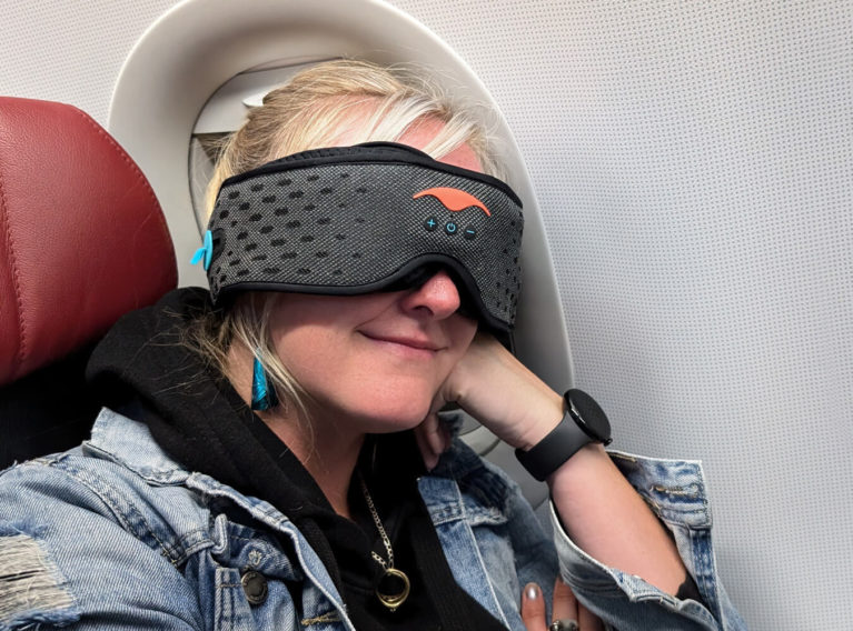 Lindsay Wearing Her Manta Sleep Mask :: I've Been Bit! Travel Blog