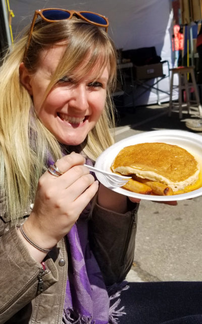 Lindsay About to Eat Maple Pancakes at One of the Maple Syrup Festivals in Ontario Canada :: I've Been Bit! Travel Blog