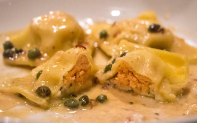 Close Up of the Fisherman Ravioli, Cut in Half to Show Salmon and Ricotta Cheese :: I've Been Bit! Travel Blog