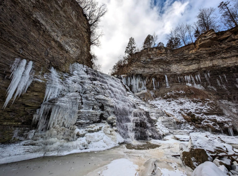 At the Base of the Upper Section of Rockway Falls With the Escarpment Surrounding the Waterfall Amongst Icicles and Snow :: I've Been Bit! Travel Blog