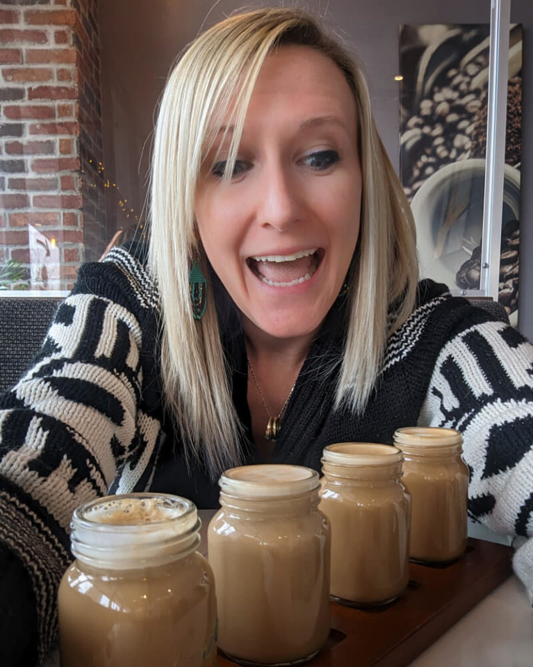 Lindsay Excited With Her Latte Flight at Goldies Cafe in Ajax :: I've Been Bit! Travel Blog