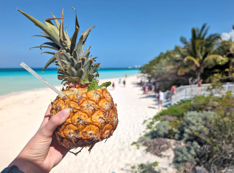 Pina Colada in a Pineapple with Playa Pilar in the Background :: I've Been Bit! Travel Blog