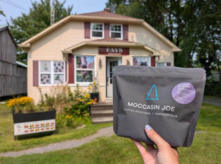 Bag of Moccasin Joe Coffee in front of Faye Chocolates in Oka :: I've Been Bit! Travel Blog