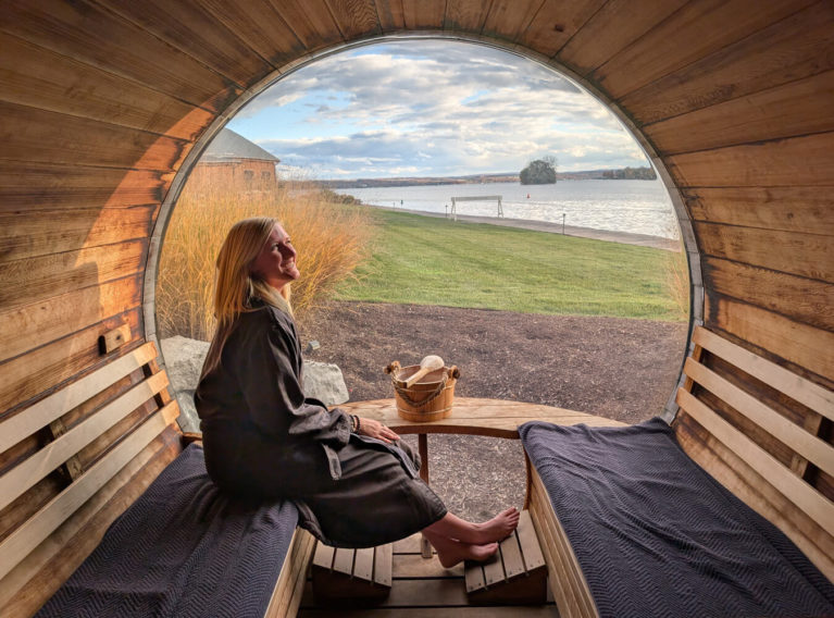 Lindz Inside the Barrel Sauna at the Willowbrook Spa at The Lake House at Canandaigua :: I've Been Bit! Travel Blog