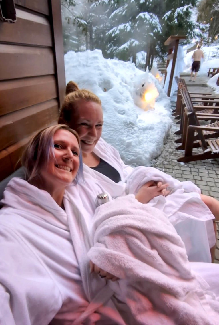 Lindz & Kat at La Source Bains Nordiques :: I've Been Bit! Travel Blog