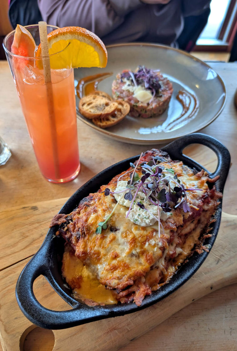 Lasagna and Beef Tartare at Le Baluchon's Eco-Cafe